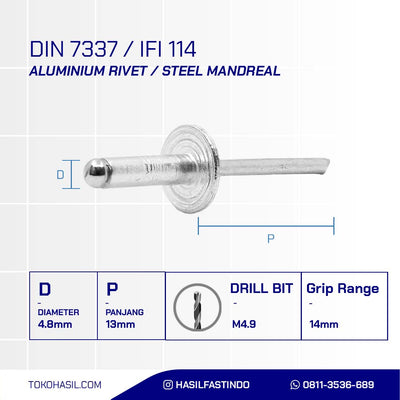 LARGE FLANGE DOME HEAD BLIND RIVET WITH STEEL MANDREAL M4.8 x 13mm