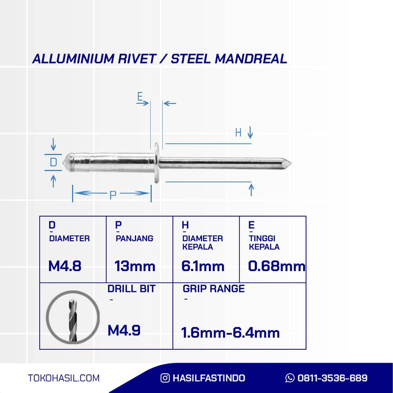 MULTI GRIP ALLUMINIUM BLIND RIVET WITH STEEL MANDREAL M3.2 x 82mm