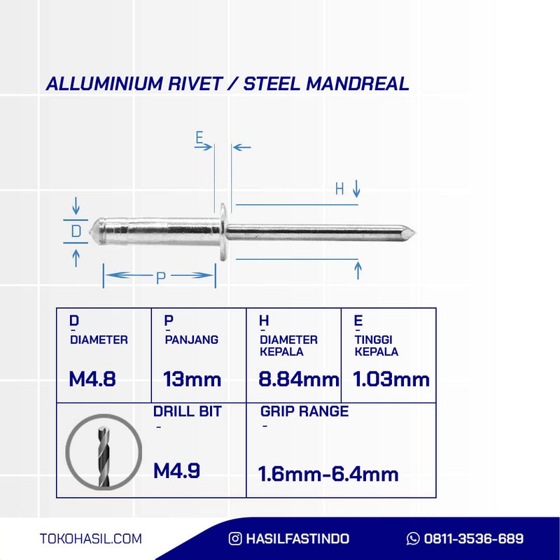 MULTI GRIP ALLUMINIUM BLIND RIVET WITH STEEL MANDREAL M4.8 x 17.5mm